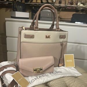 Michael Kors Pink and Cream Leather Satchel with Matching Wallet